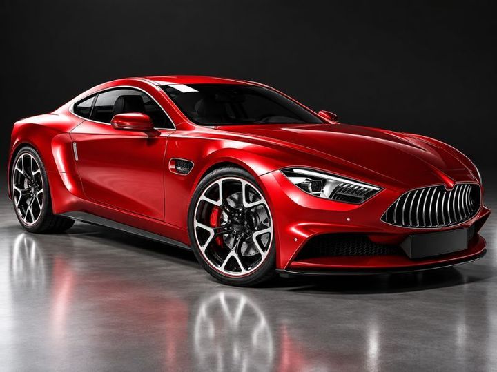 Red sports car on a dark studio background, angled front-left view with glossy reflection on the floor