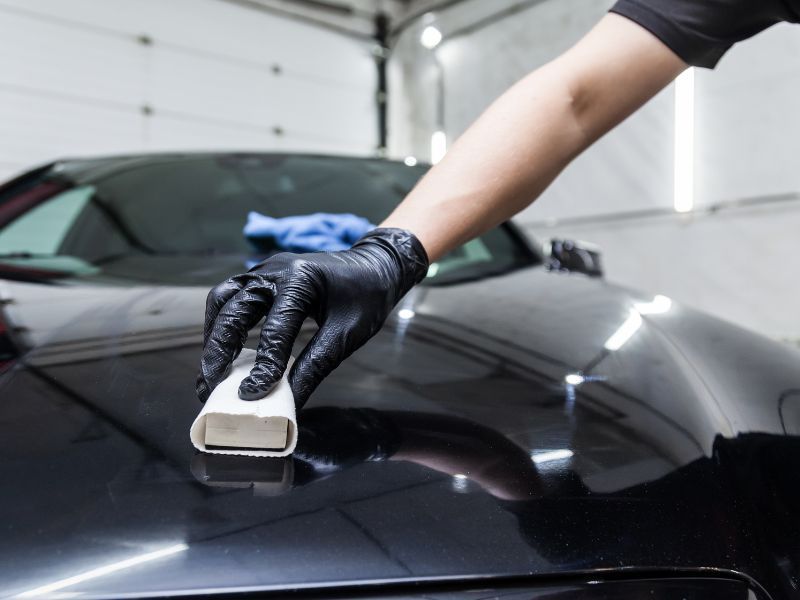 Gloved hand polishing a black car hood with a sponge in a garage