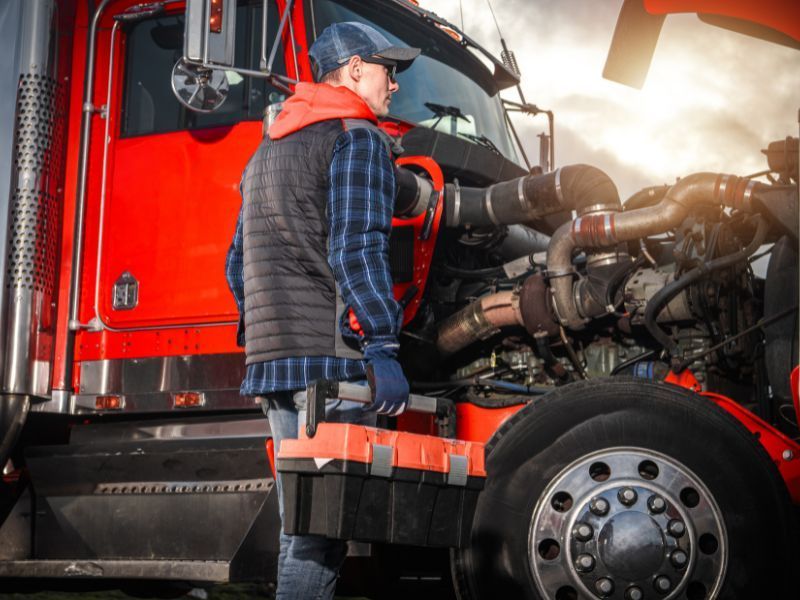 Worker inspecting the engine of a red semi-truck in a garage