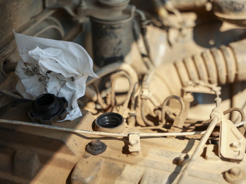 Crumpled tissue and black plastic cap on a dusty beige engine surface with hoses nearby