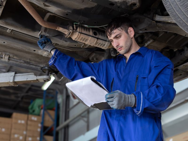 Mechanic in blue coveralls inspecting a vehicle underside with a clipboard in a garage