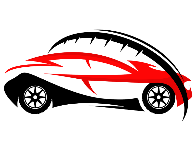 Stylized red and black sports car logo on a white background