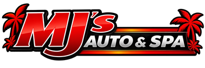 MJ’s Auto & Spa logo in red, black, and white with palm trees and a checkered finish line