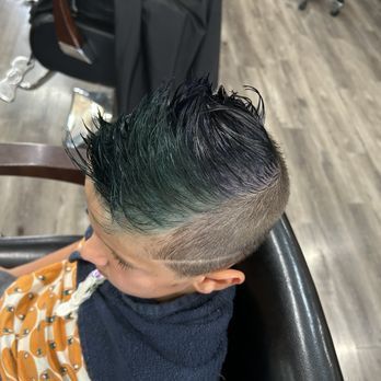 Boy in a salon chair with a mohawk haircut; dark green and blue on top, shaved sides.