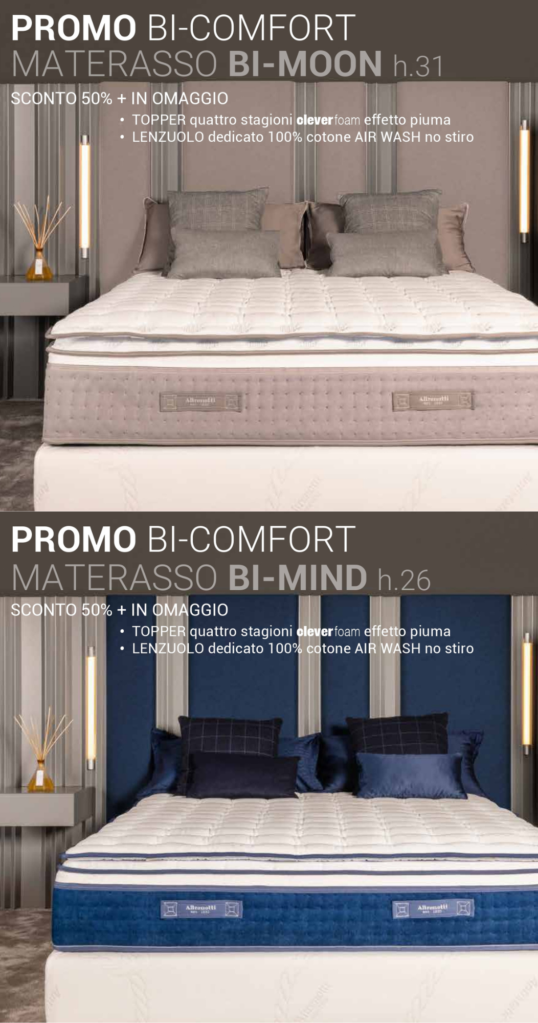Materassi Altrenotti Bi-Comfort sconto 50%, a molle insacchettate brevettate, Topper Cleverfoam quattro stagione effetto piuma e lenzuolo angolo in omaggio. Dispositivi medici, 15 anni di garanzia.