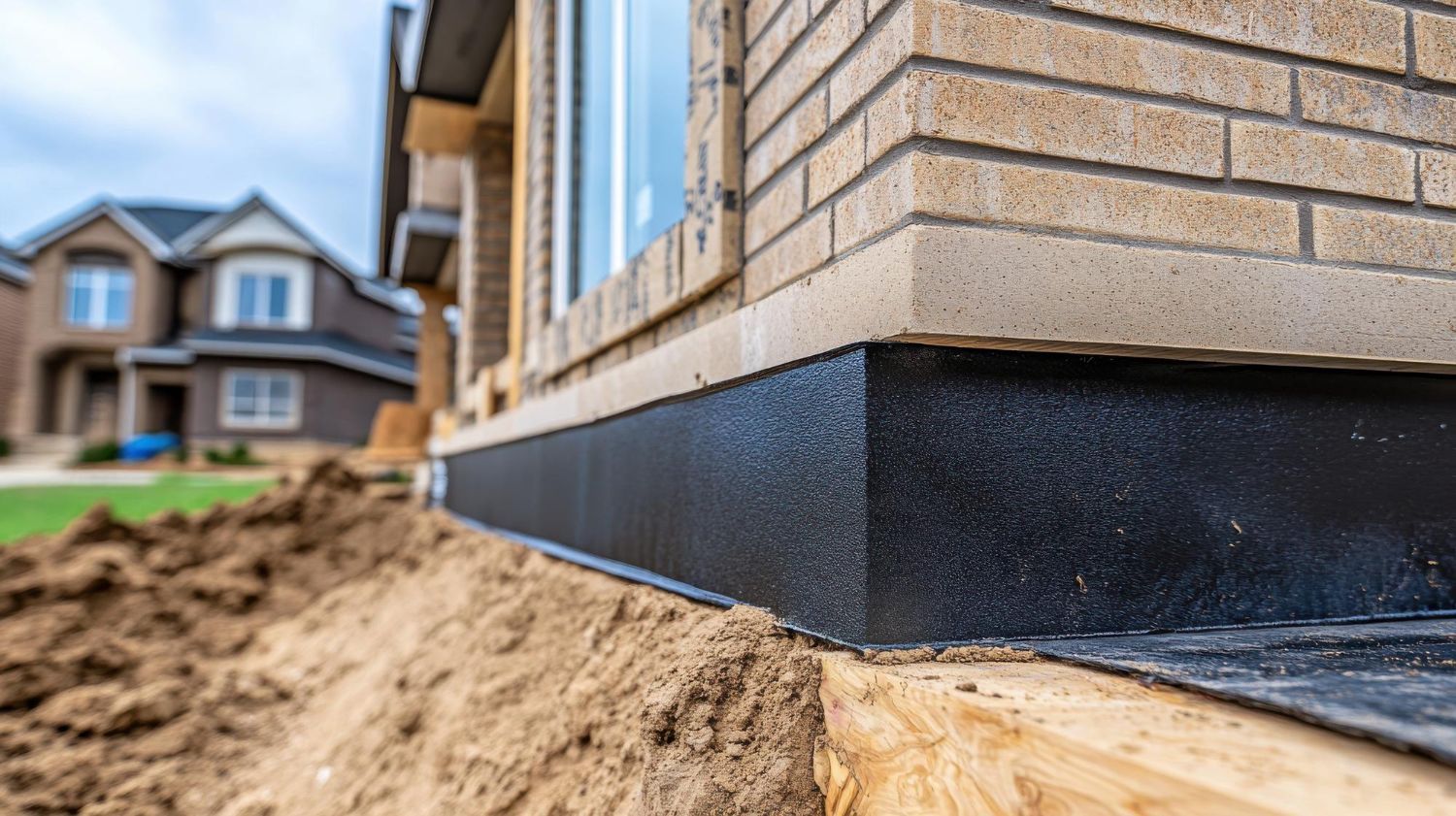 House foundation with black waterproofing membrane beside exposed dirt during construction