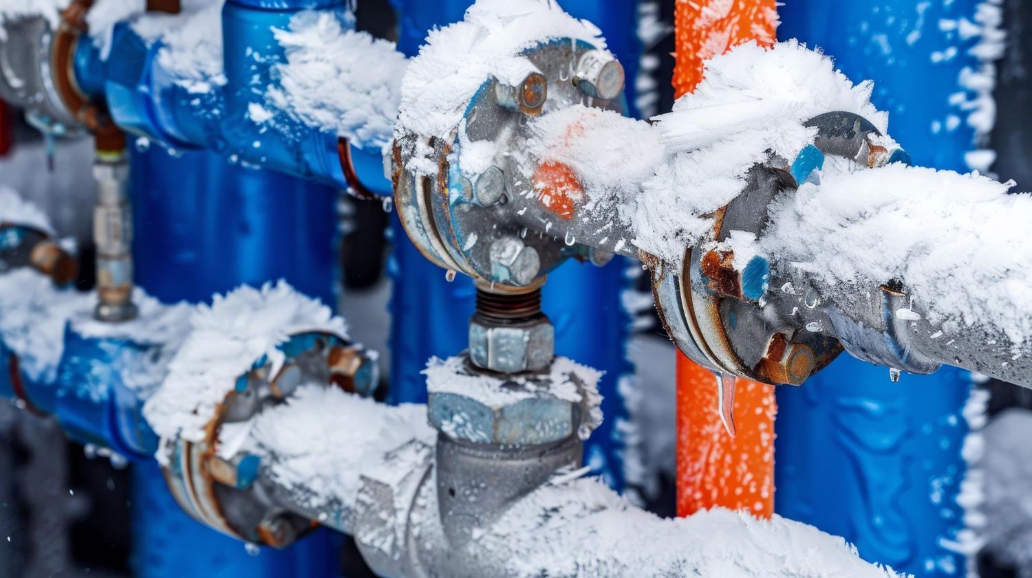 Snow-covered blue industrial pipes and valves with orange fittings in a cold outdoor setting