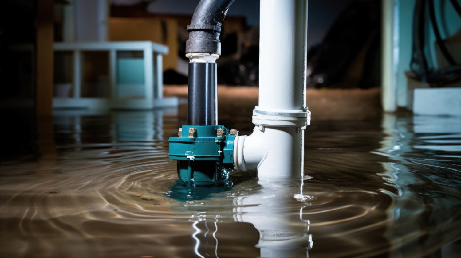Flooded basement with a blue sump pump and pipes pumping water out