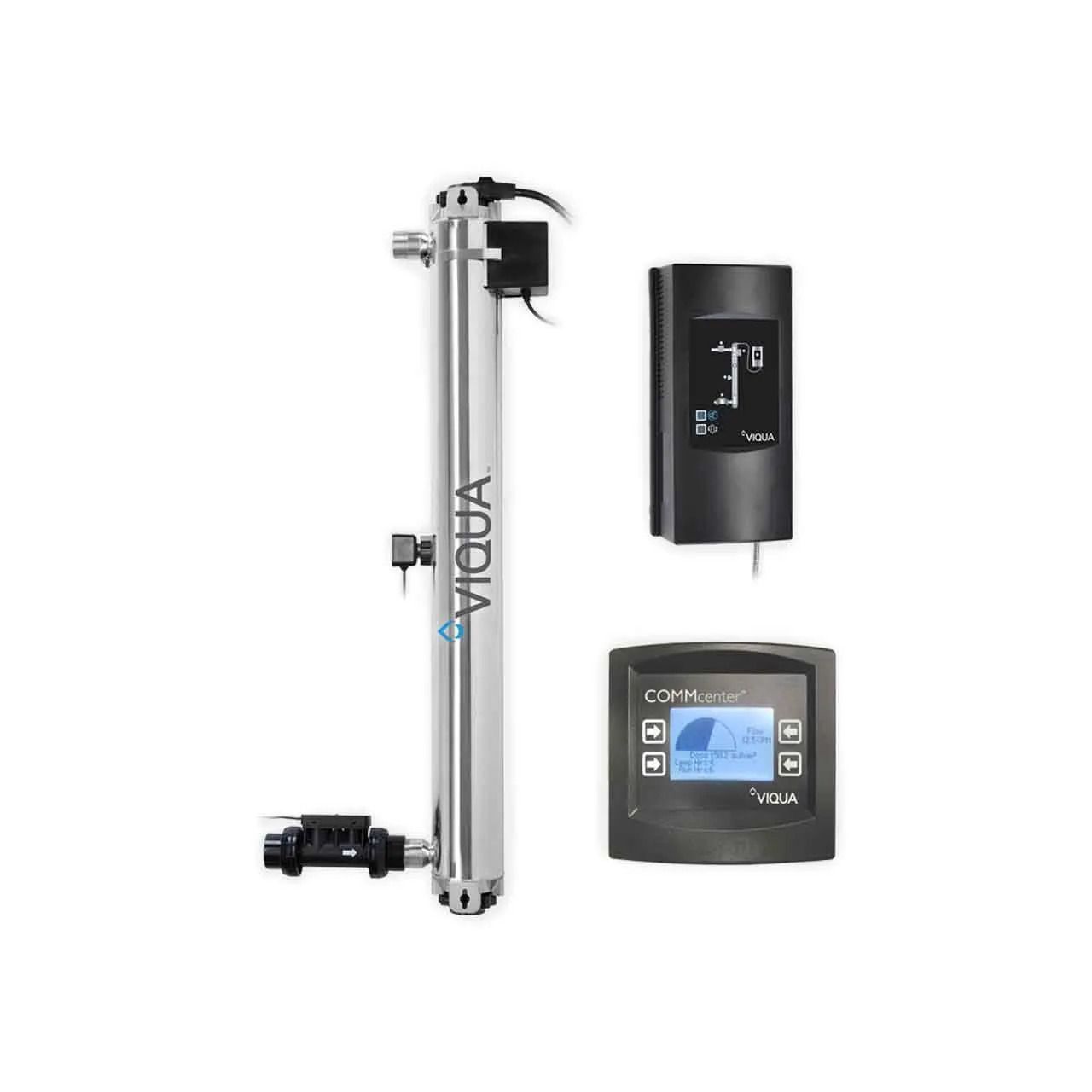 Water filtration system with stainless steel cylinder, black controller, and blue digital display on white background