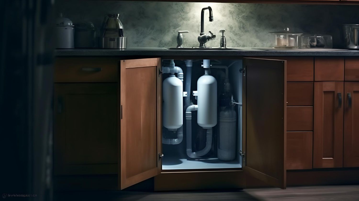 Kitchen sink cabinet open, revealing two large white water filters inside.