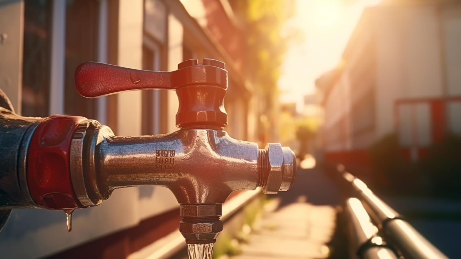 Red fire hydrant nozzle in warm sunlight on a city street, with a blurred hose in the foreground
