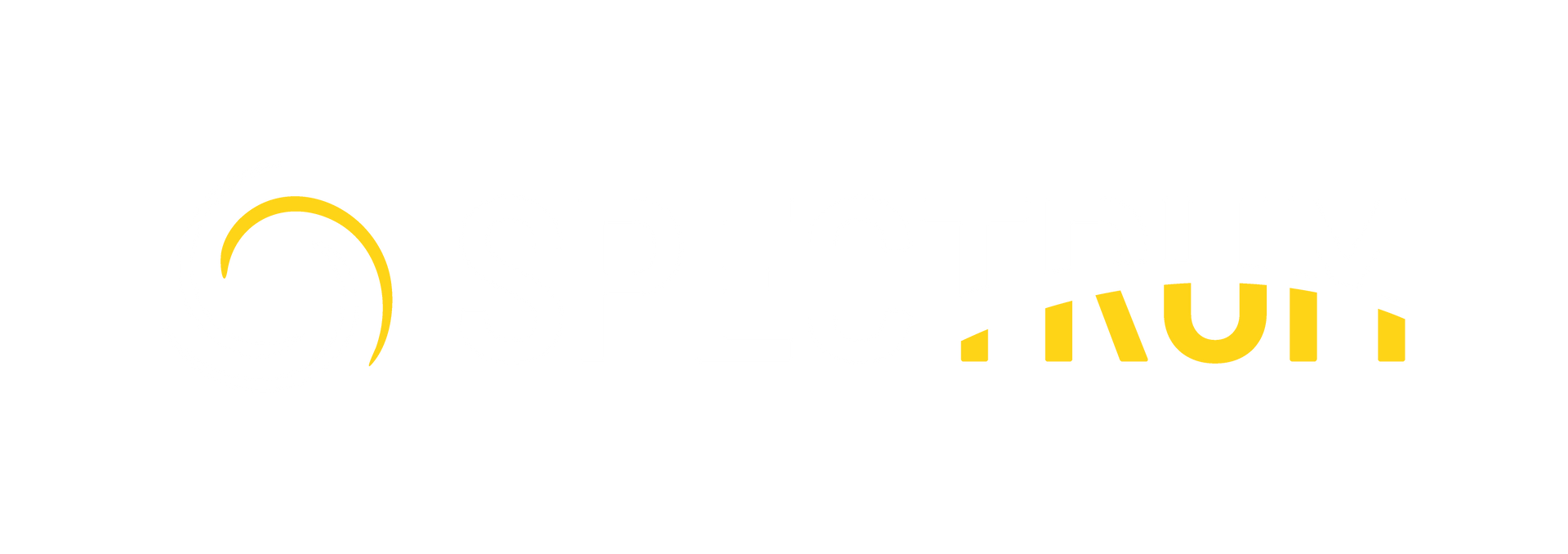 A white background with yellow letters and a yellow circle.