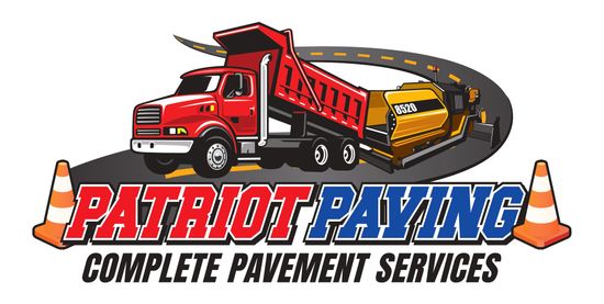 Logo: Red dump truck, yellow asphalt paver, and orange traffic cones.