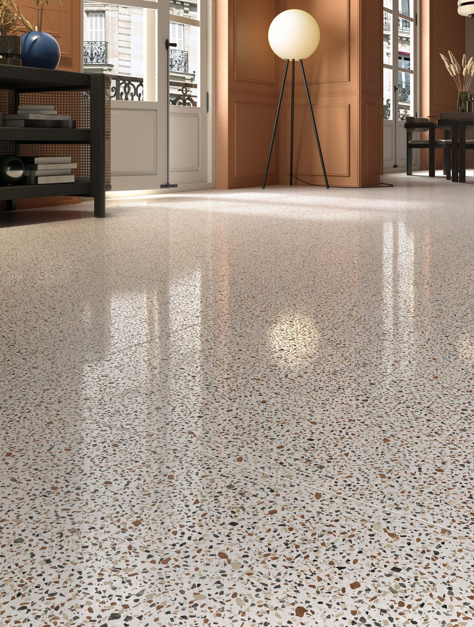 Terrazzo Flooring In A Room With A Lamp and Furniture, Reflecting Light — CPAINT In Port Macquarie, NSW