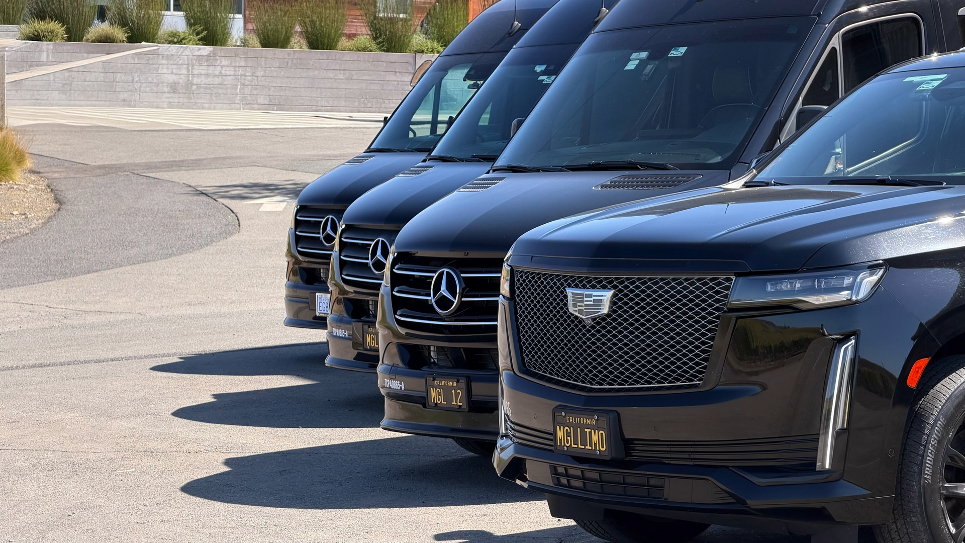 Black vehicles parked in a row: bus, hearse, SUV, and two sedans, outdoors at dusk.