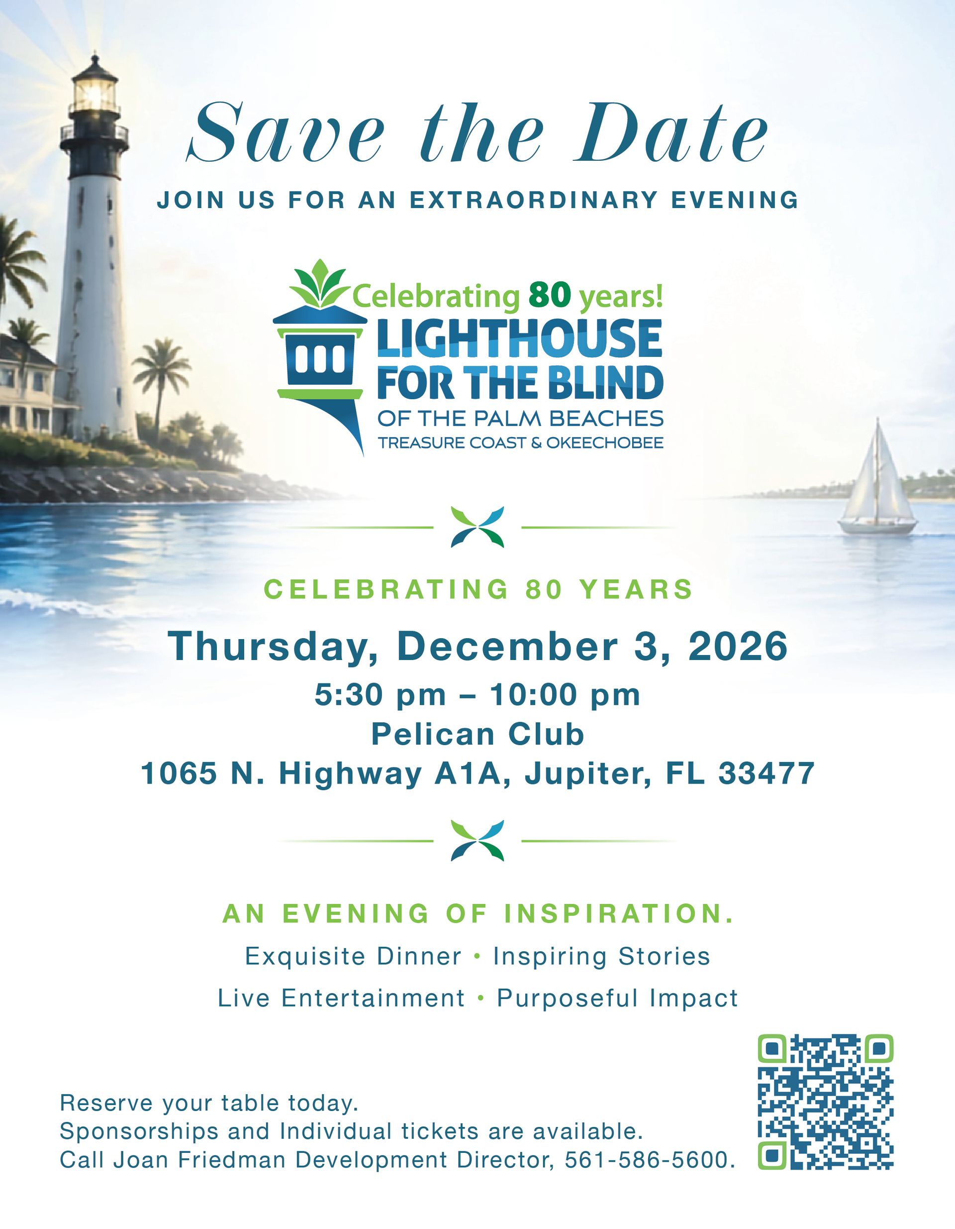 Save-the-date graphic for Lighthouse’s 80th Anniversary Gala on December 3, 2026, at The Pelican Club in Jupiter, Florida.