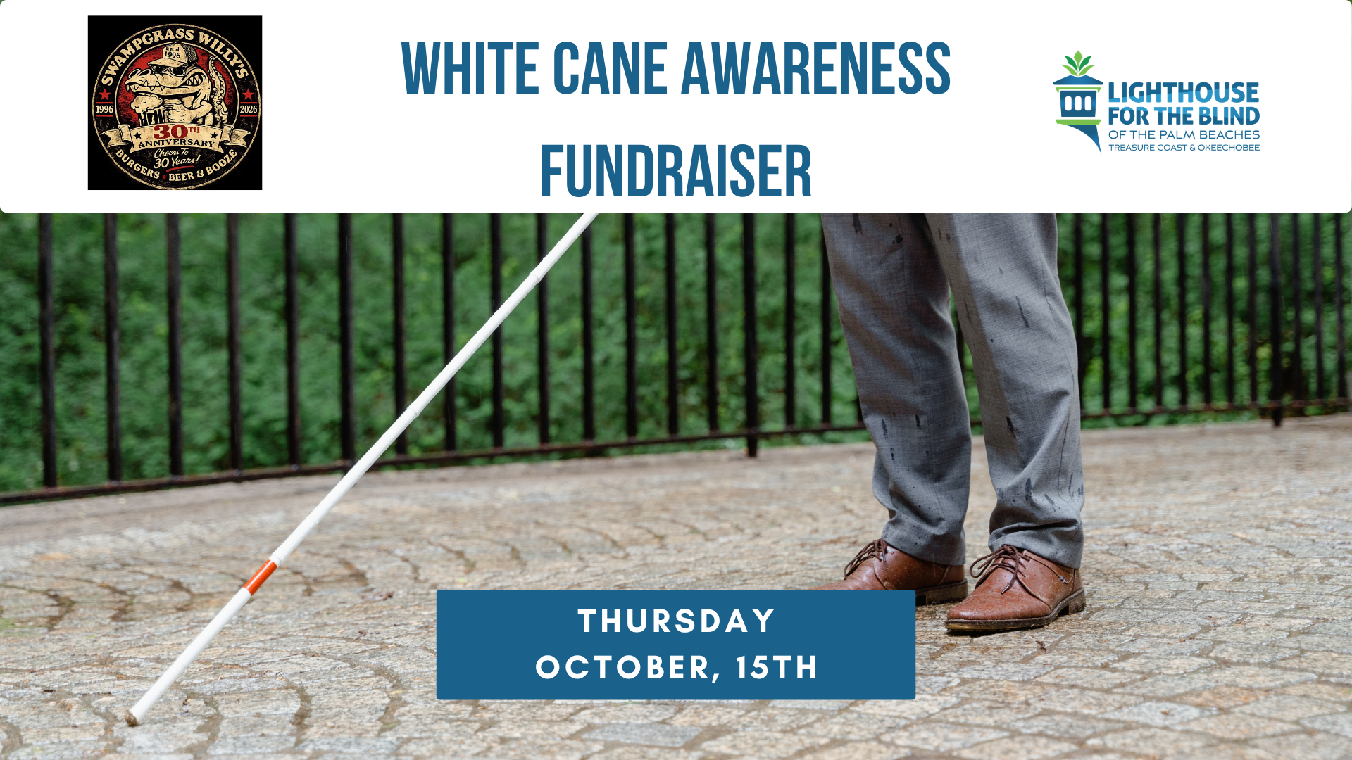 White Cane Awareness Fundraiser graphic featuring a person using a white cane, with the event date Thursday, October 15.