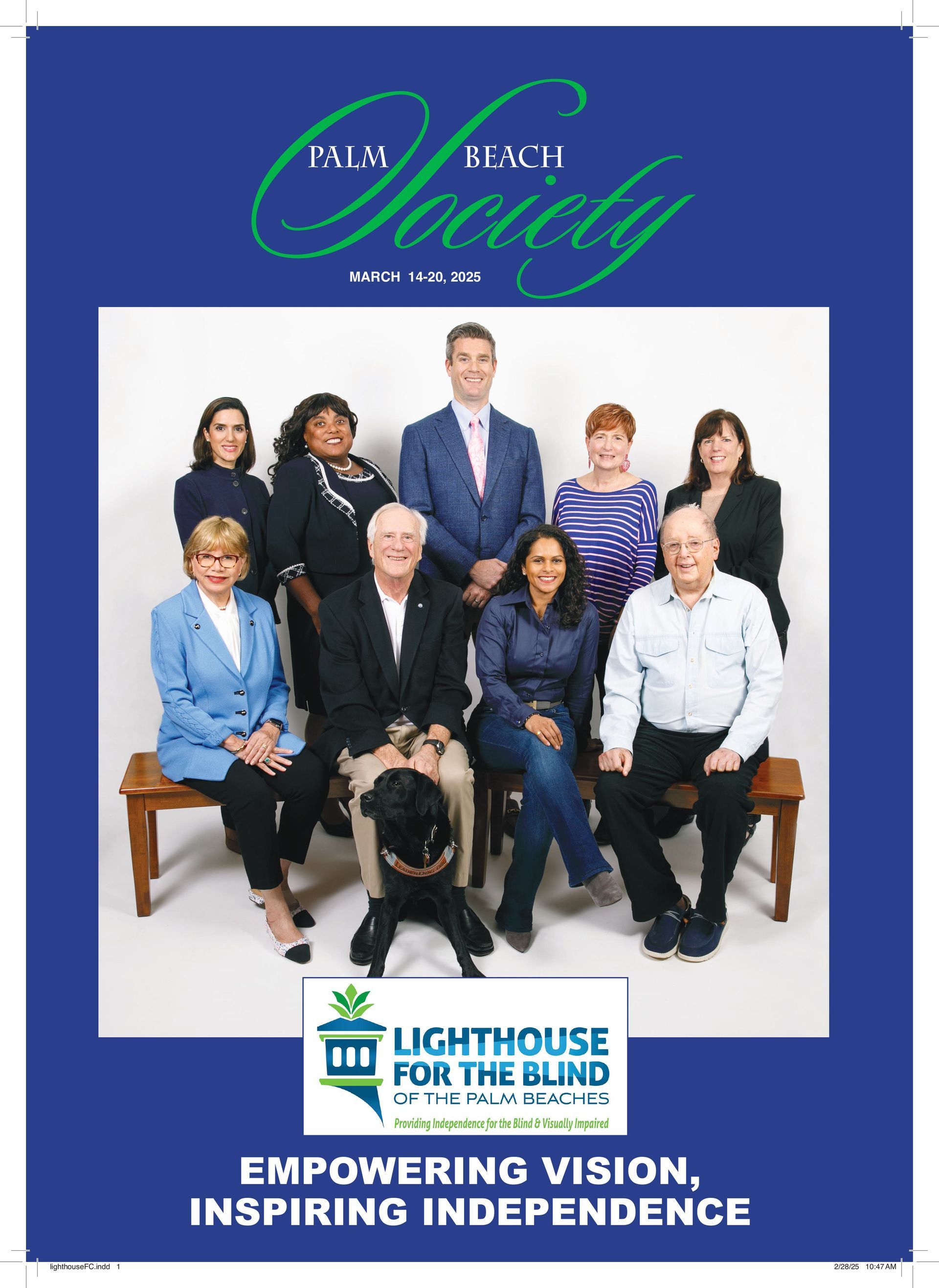 A group photo of individuals from Lighthouse for the Blind of the Palm Beaches, including the board and a guide dog, featured on the cover of Palm Beach Society. The title reads:
