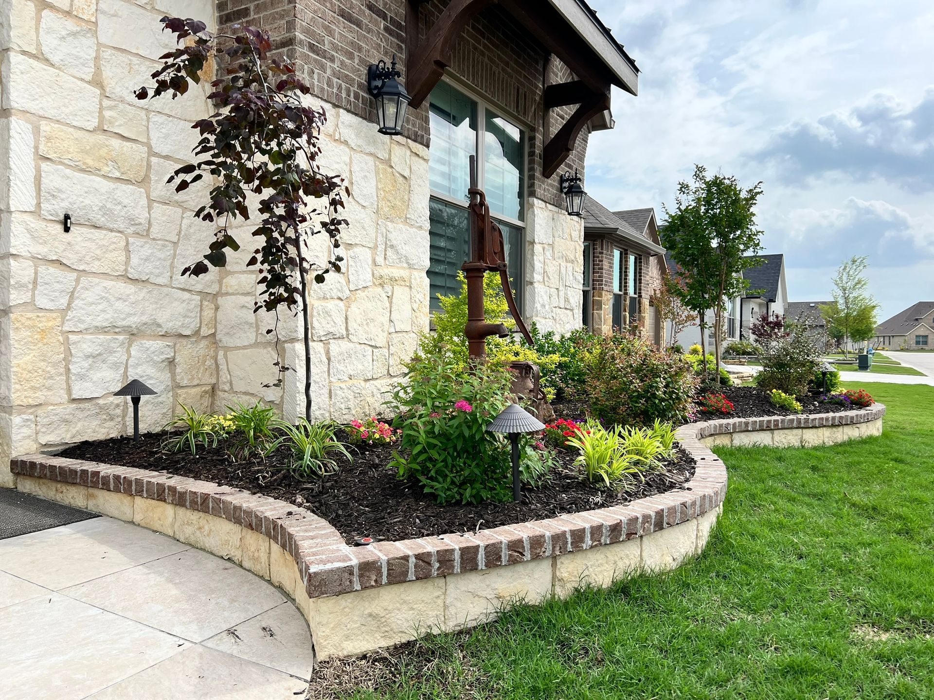 Vibrant garden scene featuring a variety of colorful flowers blooming on a brown pavement, bordered by a lush green lawn.