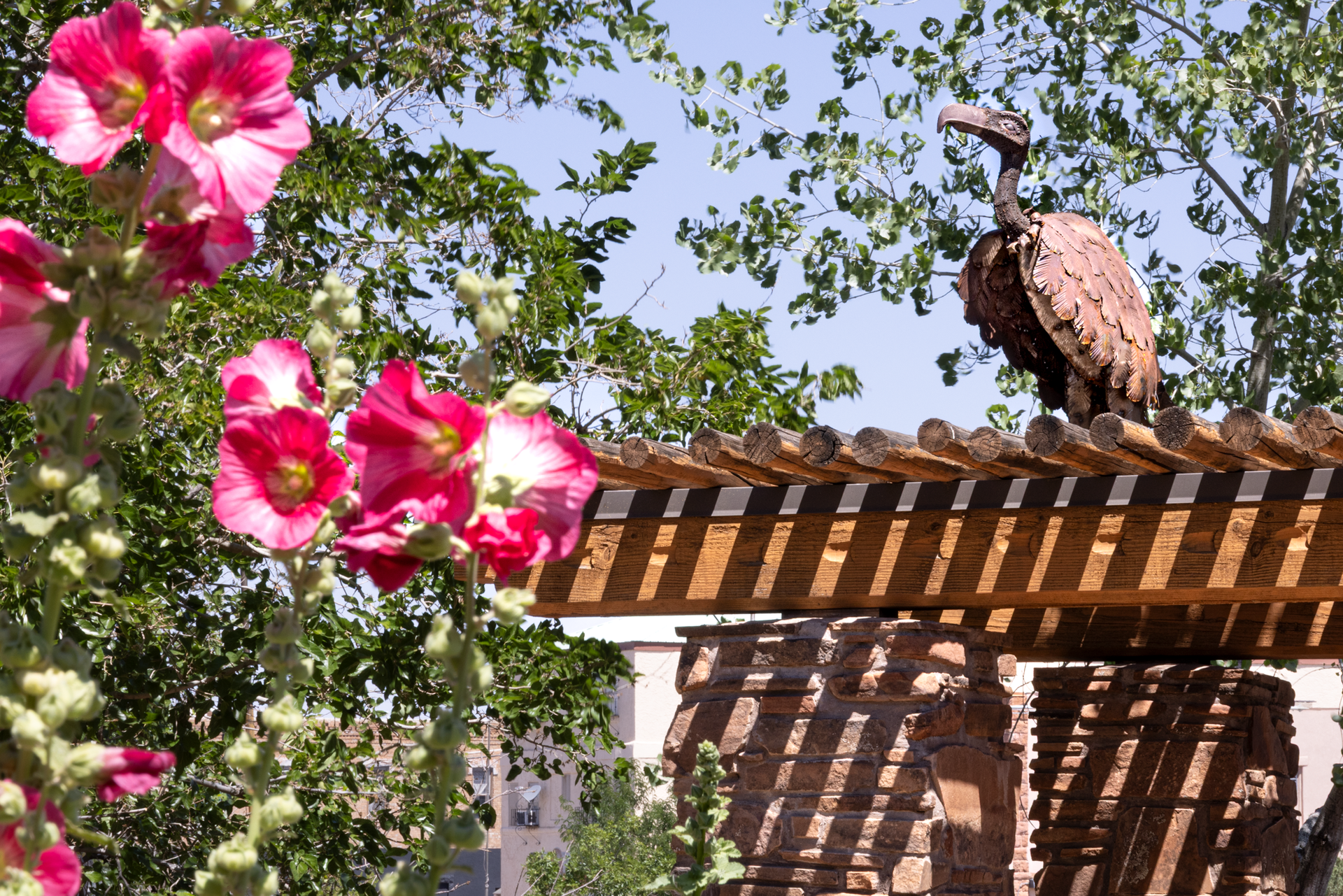Large pink flowers beside a bird perched on a tiled roof under a leafy sky