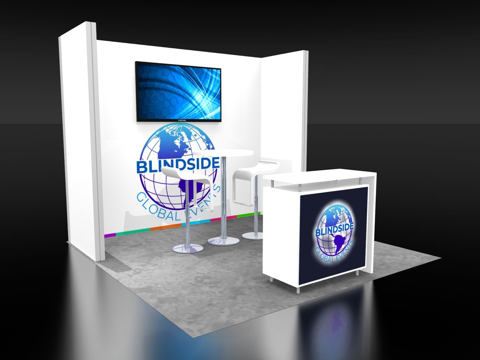 A white trade show booth with a monitor, tables, stools, and counter, featuring a globe logo for 