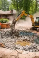A yellow excavator breaks apart a concrete swimming pool in a residential backyard while two workers observe.