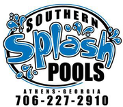 Logo for Southern Splash Pools in Athens, Georgia, featuring blue text with water droplet accents and phone number.