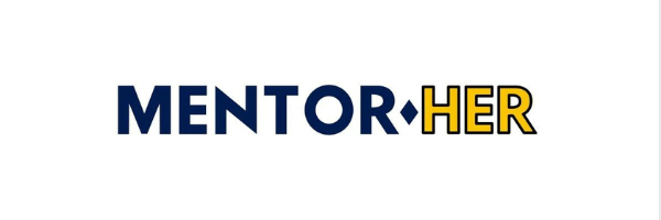 The logo for mentor her is blue and yellow on a white background.