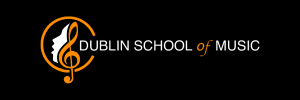 The dublin school of music logo is on a black background