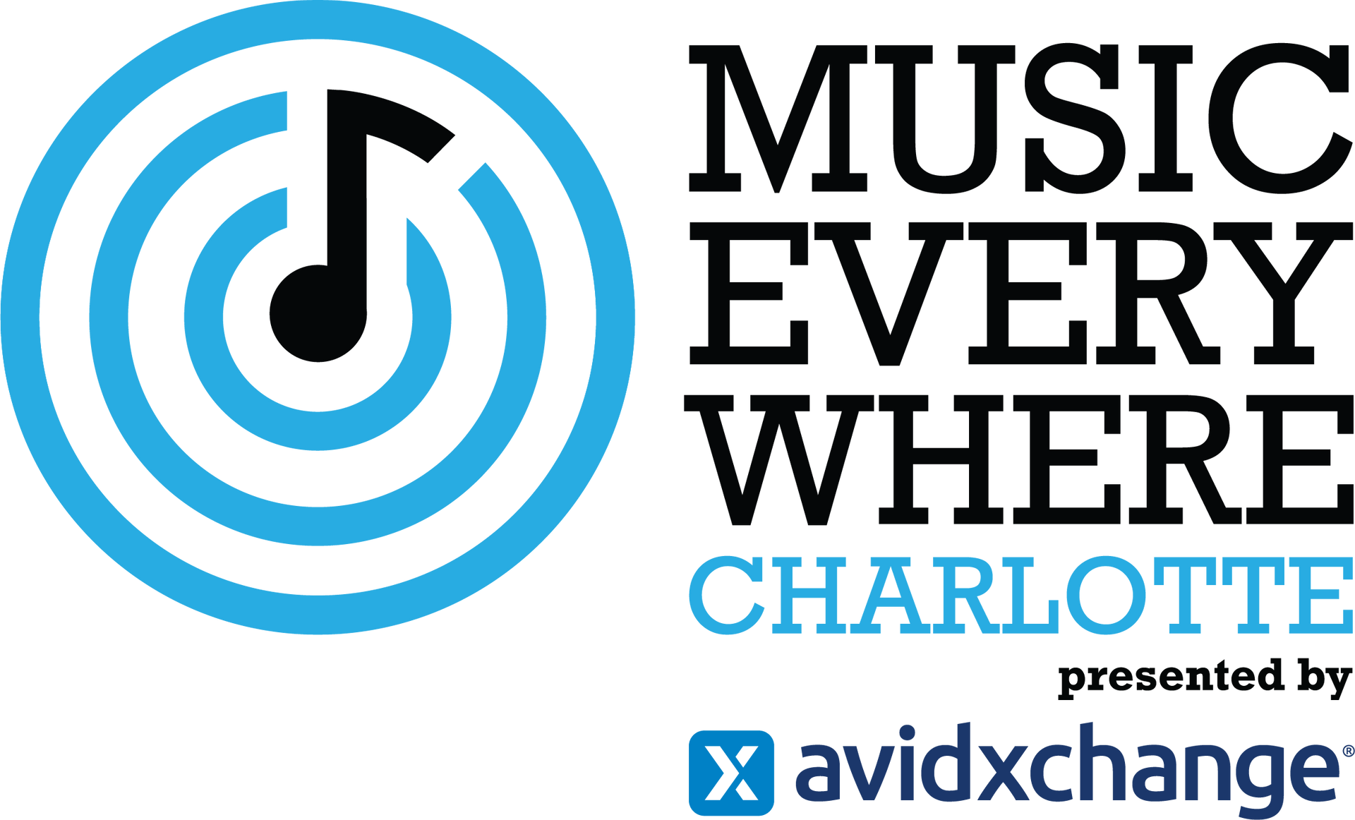 Logo for Music Everywhere Charlotte, presented by AvidXchange, featuring a black musical note inside blue concentric circles.