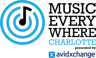 Logo for Music Everywhere Charlotte, presented by AvidXchange, featuring a black musical note inside blue concentric circles.