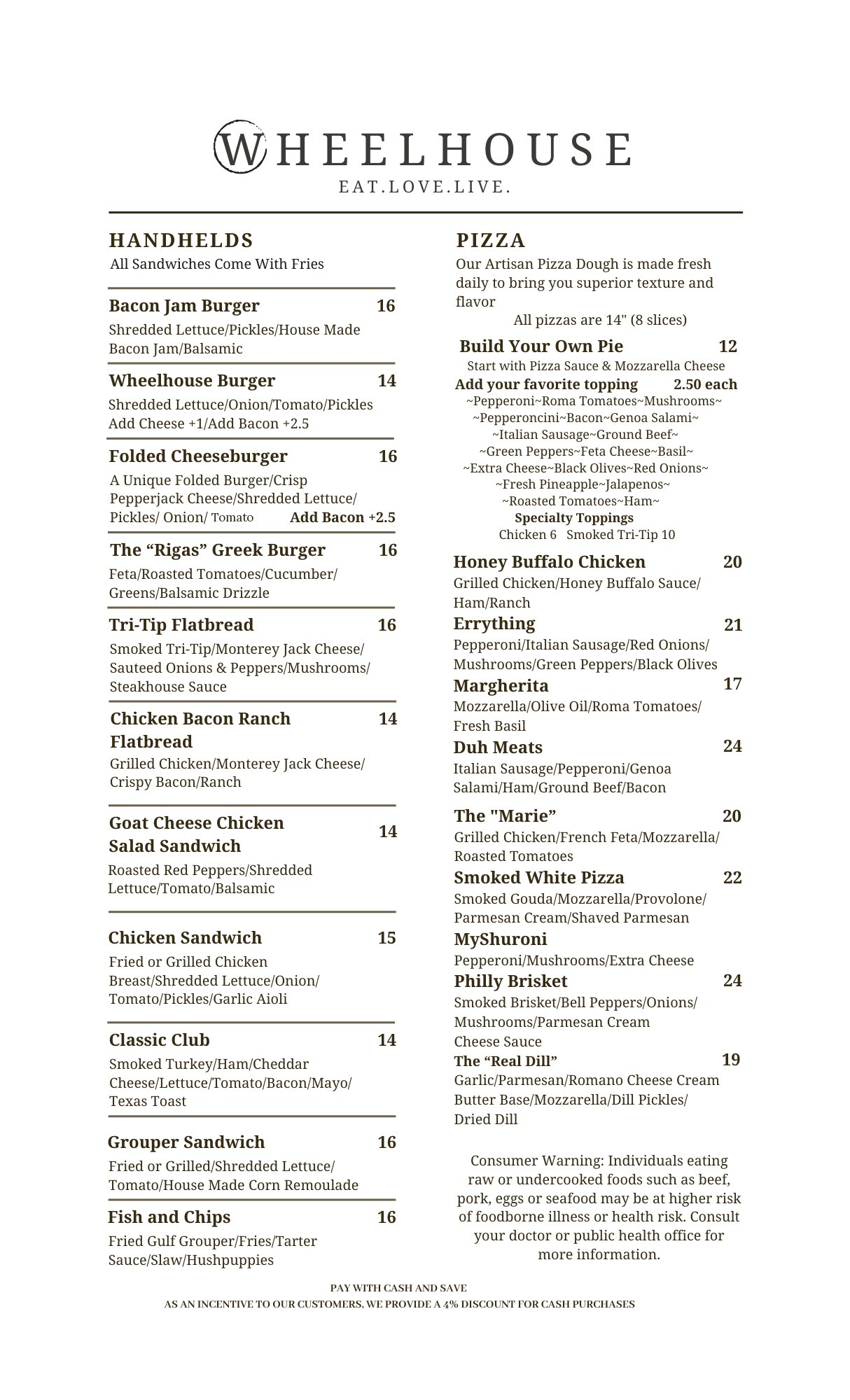 A restaurant menu titled Wheelhouse, featuring sections for handhelds and pizzas with prices and descriptions.