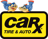 CarX Tire & Auto logo with cartoon bluebirds on top. Yellow background, black text.