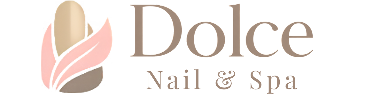 Dolce Nail & Spa logo with a beige and pink leaf icon and brown text on a white background