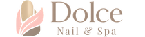Dolce Nail & Spa logo with a beige and pink leaf icon and brown text on a white background