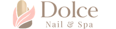 Dolce Nail & Spa logo with a beige and pink leaf icon and brown text on a white background