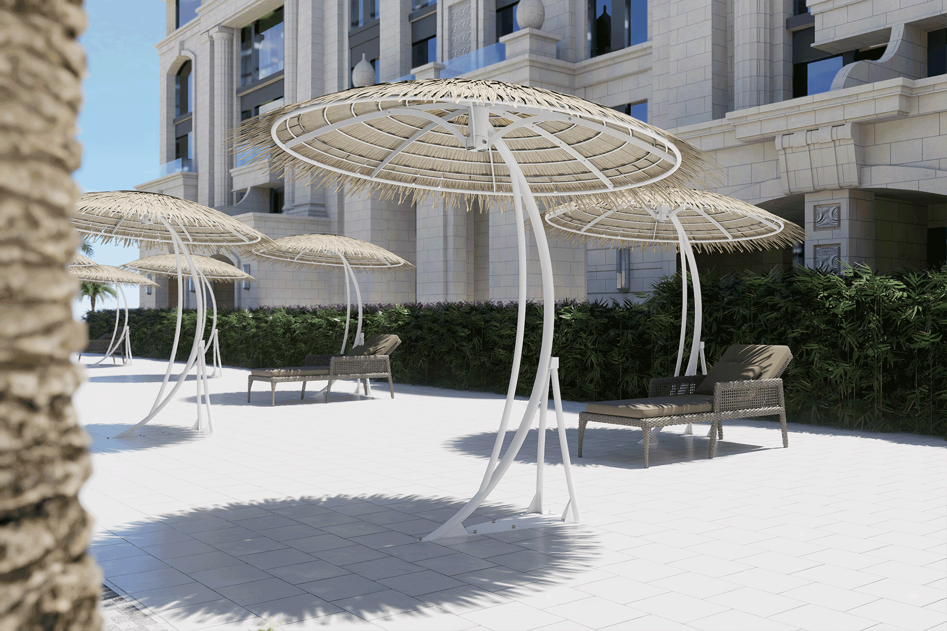 A group of umbrellas are sitting in front of a building.