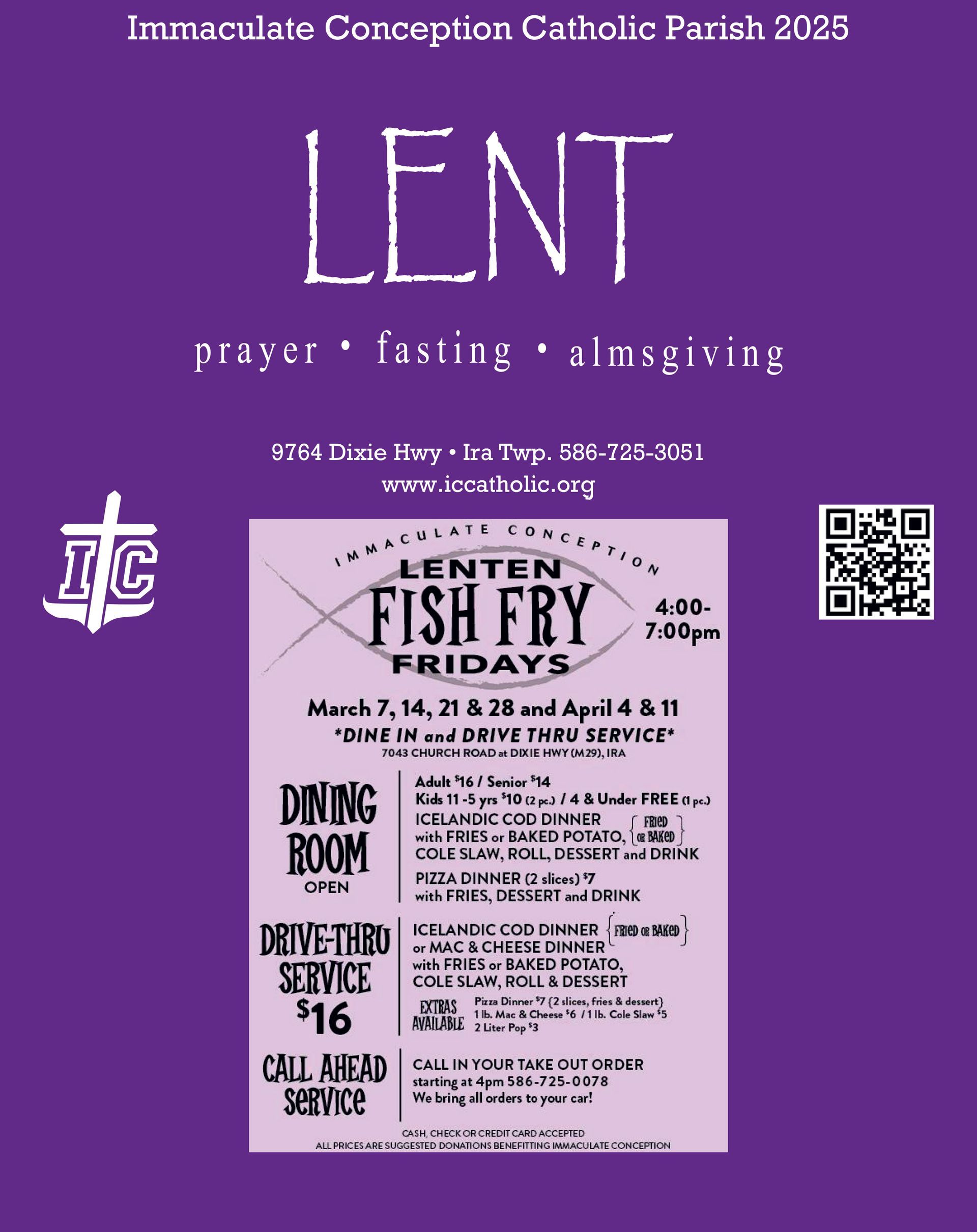 A purple advertisement for Lenten fish fry Fridays.