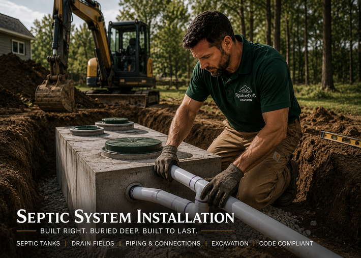 Worker installing septic system tanks beside excavator in wooded yard