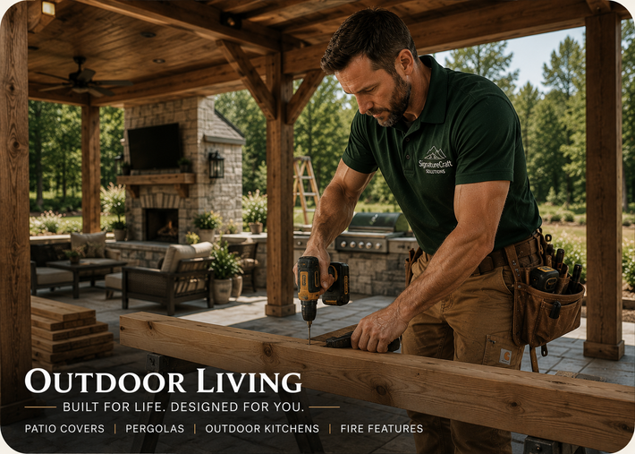 Man working wood on a rustic outdoor patio with stone fireplace and lounge seating under a covered pavilion