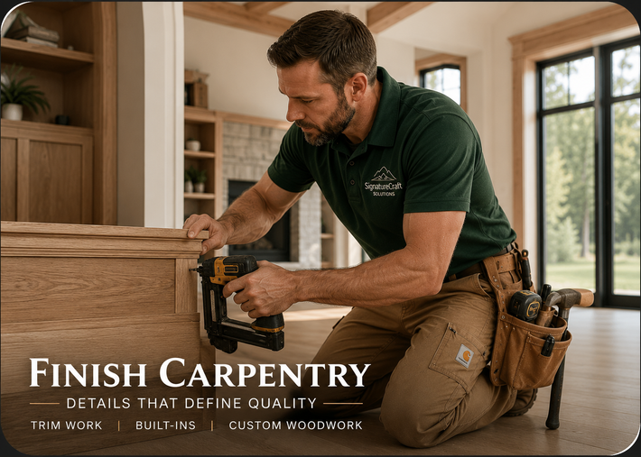 Carpenter kneels by wood flooring, measuring a plank in a sunlit room with tools at his waist.