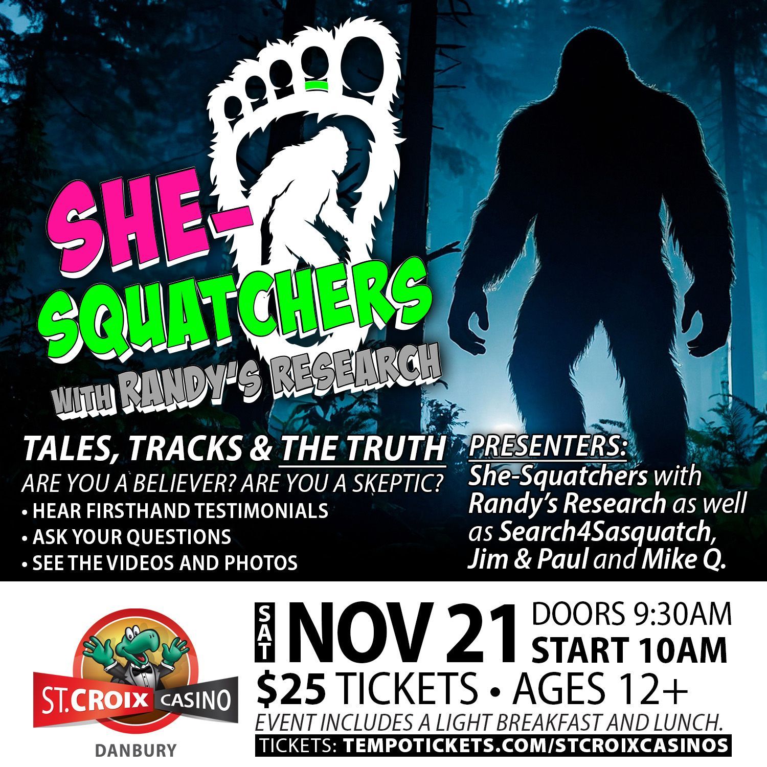 She-Squatchers event poster with footprint logo, Sasquatch silhouette, and Nov. 21 details at St. Croix Casino
