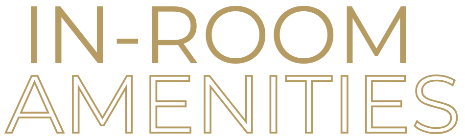 In-room amenities text in gold on a white background