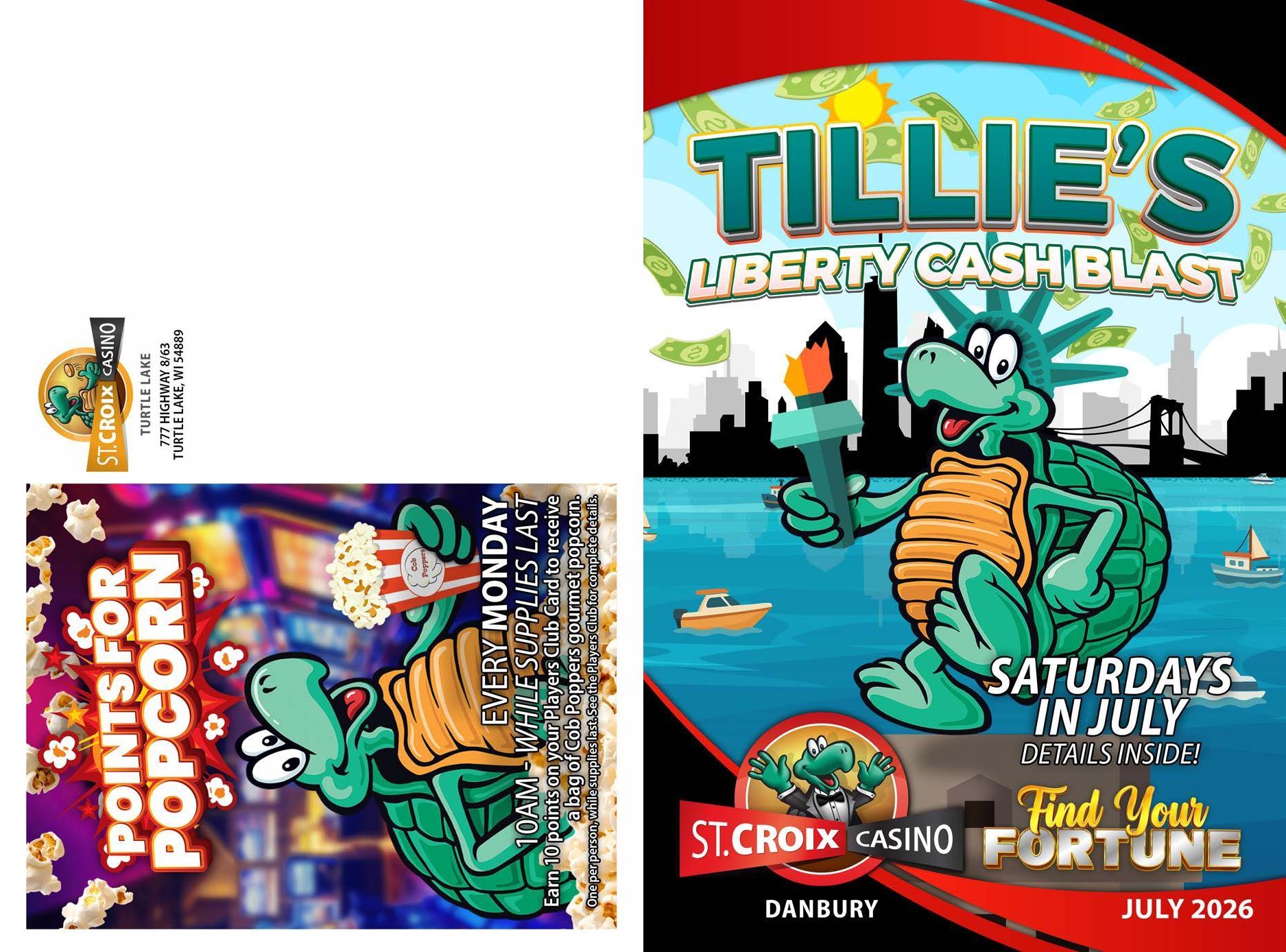 Tillie’s Liberty Cash Blast promotion poster with a cartoon dragon, ocean scene, and “Saturdays in July” text