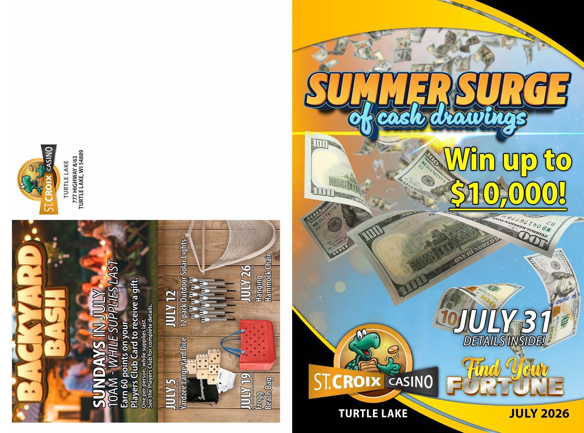 Promotional collage for St. Croix Casino summer events, with “Summer Surge,” “Win up to $10,000!” and dates.