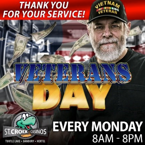 Veterans Day graphic with thank you message, U.S. flags, floating dollar bills, and a smiling veteran in a cap