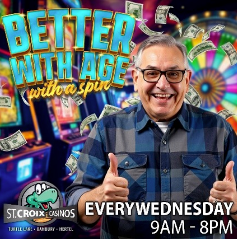 Smiling man giving thumbs up in front of colorful casino slots with the text “Better with Age with a Spin”