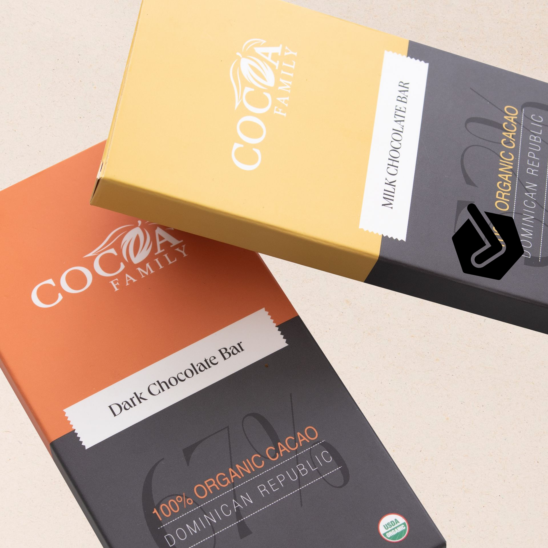 Two boxes of cocoa family dark chocolate bars