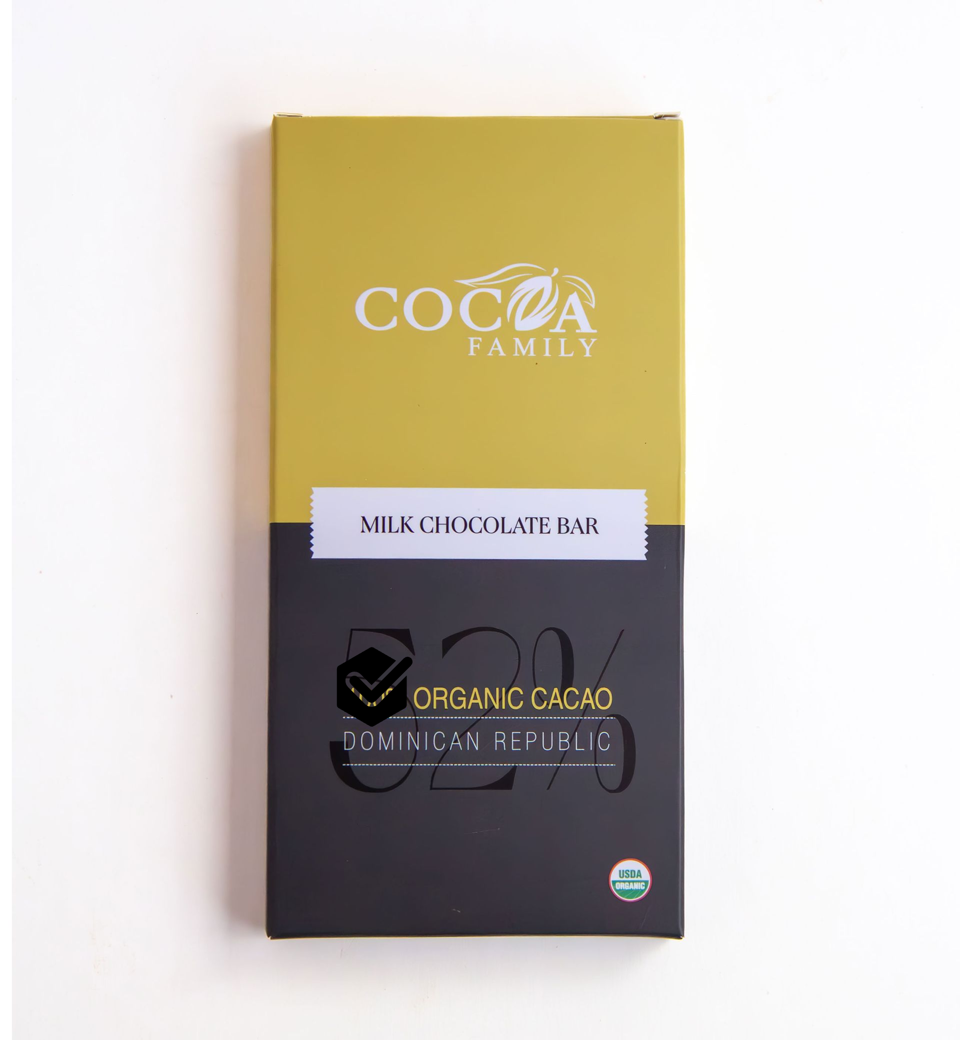 A box of cocoa family 50 % organic cacao sits on a white surface