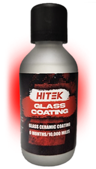 Silver bottle of HITEK glass coating with black cap and red accents.